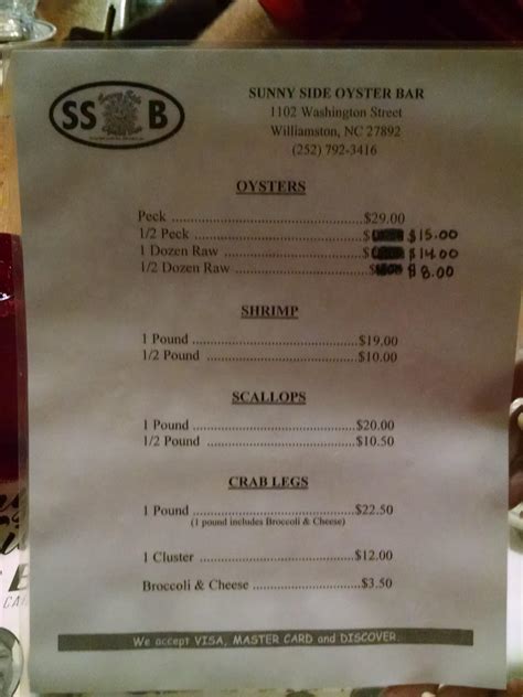 Menu at Sunny Side Oyster Bar, Williamston