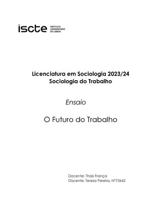 Sociologia do Trabalho Trabalho inovação e tecnologia Licenciatura