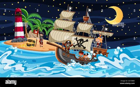 Island With Pirate Ship At Night Scene In Cartoon Style Illustration