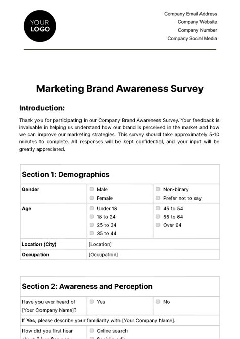 Free Marketing Brand Awareness Survey Template to Edit Online