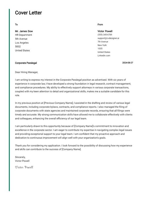 Corporate Paralegal Cover Letter Example for 2025 (Free Templates