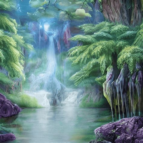 Fantasy Landscape With Lake Waterfall Magic Lights And Enchanted Forest