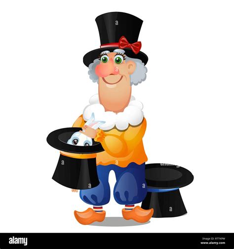 An Animated Magician Pulls A Rabbit Out Of A Hat Isolated On White