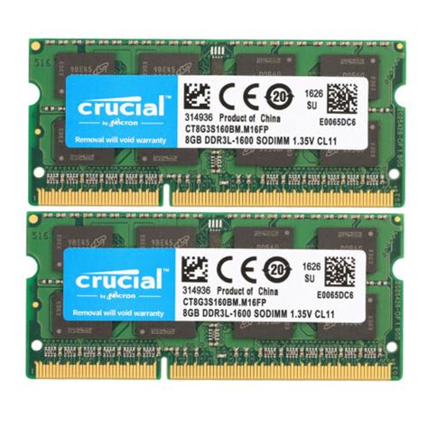 Crucial DDR3L 1600MHz 16GB 2 X 8GB SODIMM RAM PC3L 12800 2Rx8 Laptop