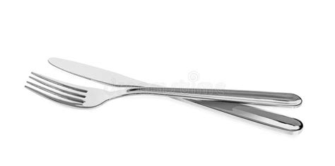 Knife And Fork Isolated On White Stylish Shiny Cutlery Set Stock Image