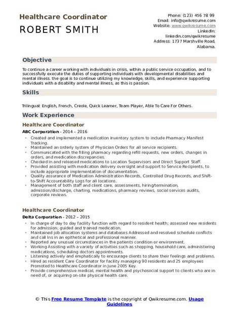 Healthcare Coordinator Resume Samples Qwikresume