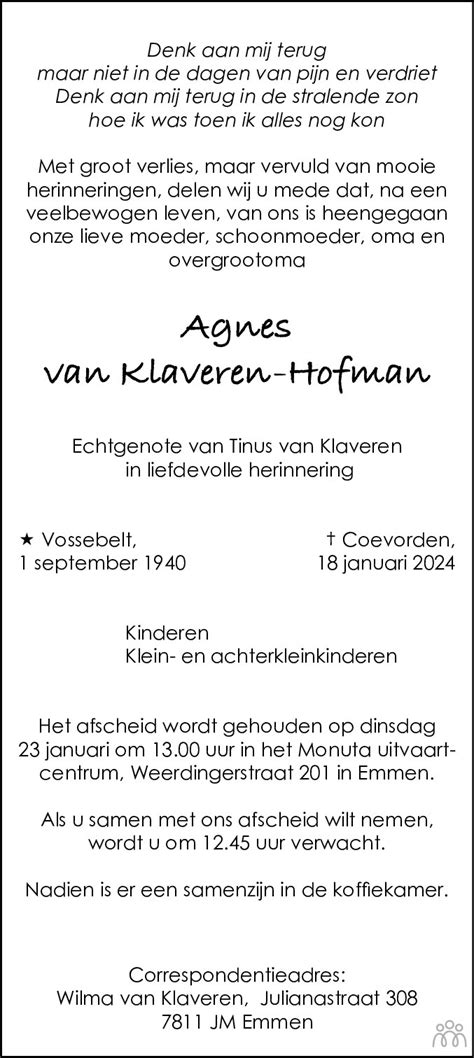 Agnes Van Klaveren Hofman Overlijdensbericht En Condoleances