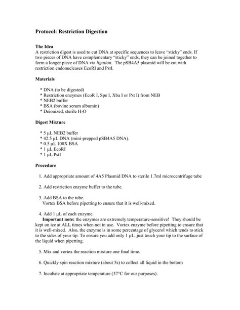 Protocol: Restriction Digestion