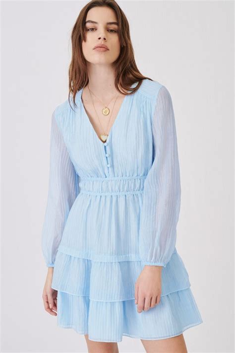 Tiered Ruffle Long Sleeve French Pleated Mini Dress Light Blue