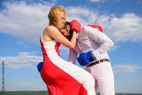 Man And Woman Boxing Gloves Fight Blue Sky Background She Knows How To