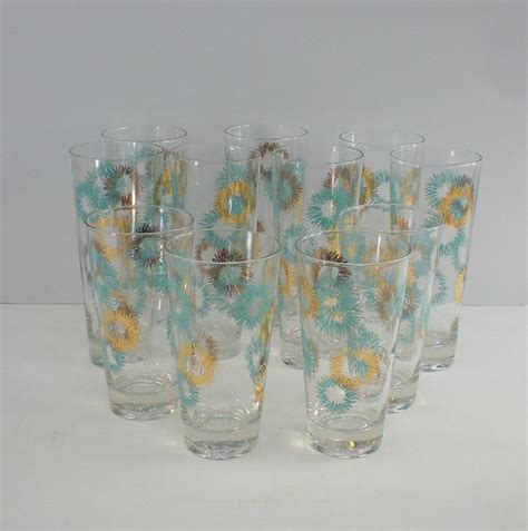 11 Atomic Starburst 50s Glasses Aqua Gold Barware Atomic Starburst Starburst Vintage Glassware