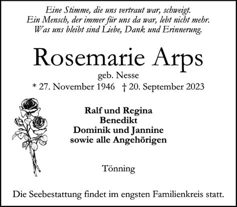 Traueranzeigen Von Rosemarie Arps Sh Z Trauer