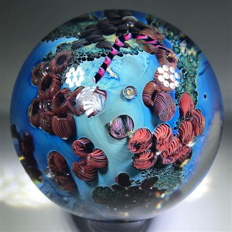 Signed Josh Simpson Art Glass Paperweight Detailed Inhabited Planet