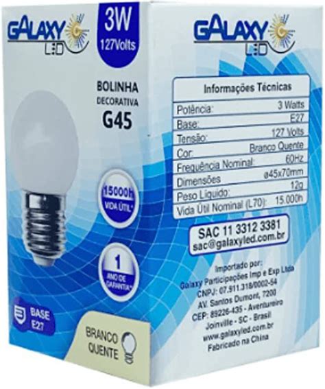 LAMPADA LED BOLINHA G45 3W E 27 110v BRANCO QUENTE GALAXY Sua Loja