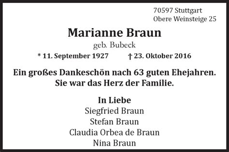 Traueranzeigen Von Marianne Braun Stuttgart Gedenkt De