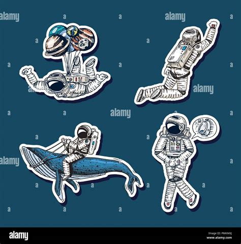 Set Of Astronauts In Space Stickers Collection Soaring Spaceman Whale