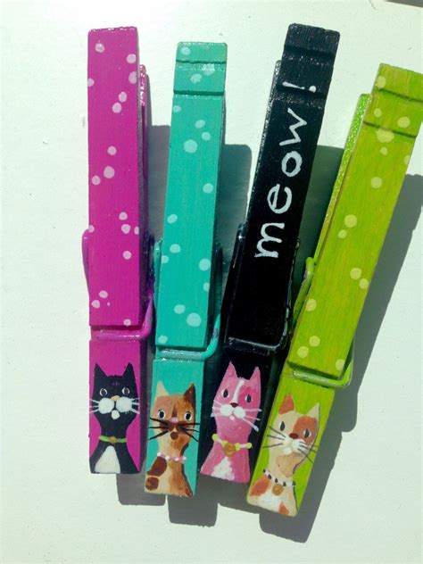 Cat Clothespins Hand Painted Magnetic Clothespins Meow Magenta Lime