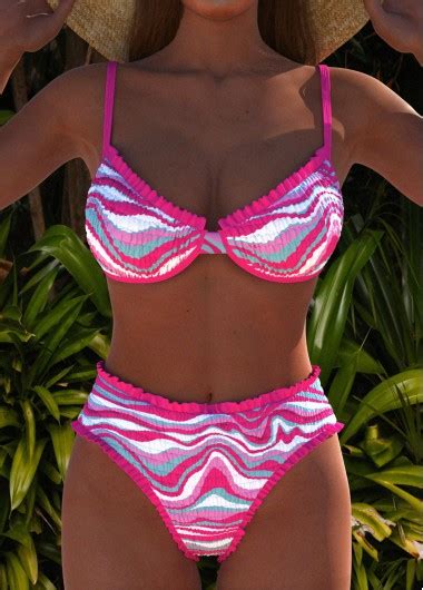 Rotita Smocked Hot Pink Wave Pattern Print Bikini Set Rotita