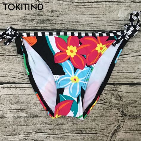 TOKITIND Adjustable Flower Print Bikini Bottoms Swimwear Summer Side