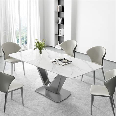 Modern White Dining Table Rectangular Tabletop And V Shape Base