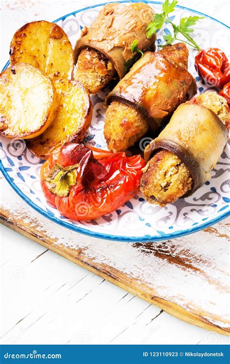 Turkish Dish of Eggplant Parmak-koft Stock Image - Image of potatoes, koft: 123110923