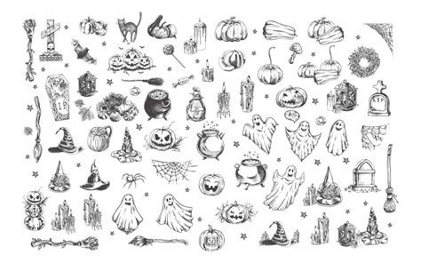 Big Set Of Halloween Elements In Sketch Style Design Of Witch Ghost Creepy And Spooky