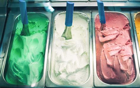 Three Colorful Flavour Ice Cream In Shop Close Up Stock Image Image