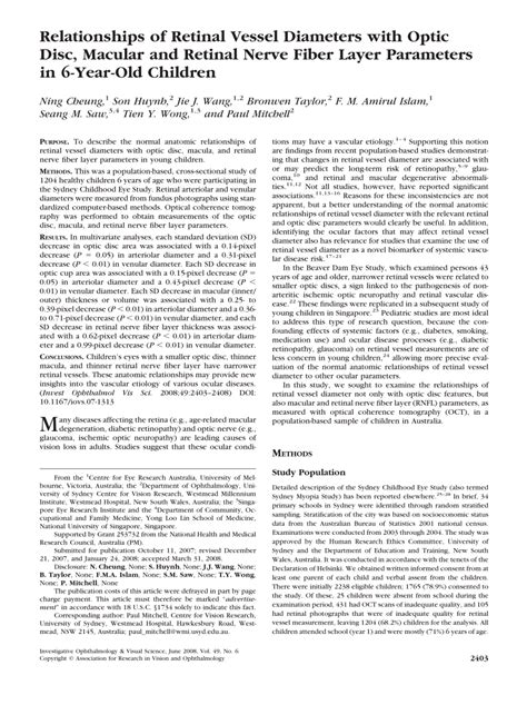 Pdf Relationships Of Retinal Vessel Diameters With Optic Disc