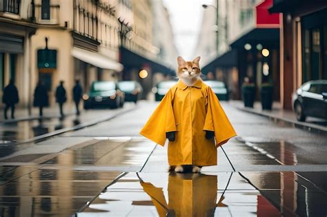 Premium AI Image | a cat in a raincoat with a red sign on the top of it