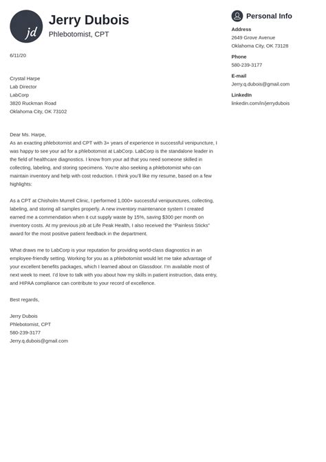 Phlebotomy Cover Letter Template Use Our Phlebotomist Cover Letter