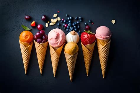 Una colección de conos de helado con bayas y bayas sobre un fondo negro