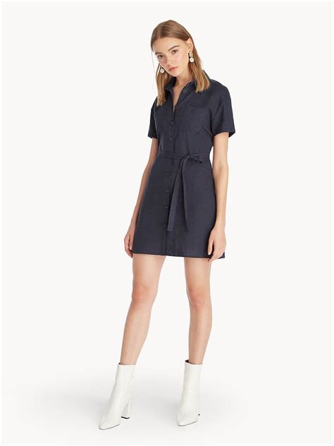 Mini Tie Waist Shirt Dress Navy Pomelo Fashion