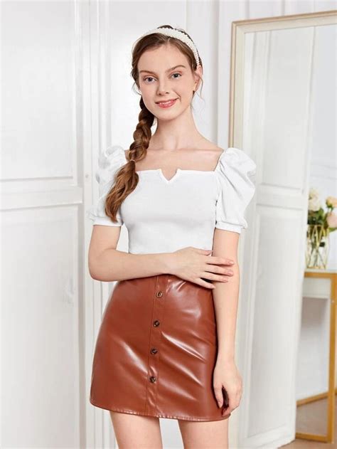 Shein Teen Girls Ribbed Knit Puff Sleeve Top Pu Leather Skirt Shein