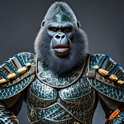 Gorilla Warrior In Shimmering Armor With Rifle On Craiyon