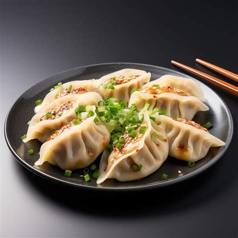 Gyoza Japanese Korean Dumplings On Gray Plate Isolated On A White