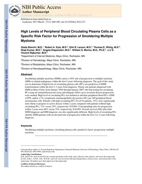 Pdf High Levels Of Peripheral Blood Circulating Plasma Cells As A