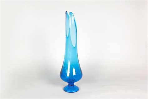 Vintage Mcm Tall Blue Fluid Shape Vase Art Glass Etsy