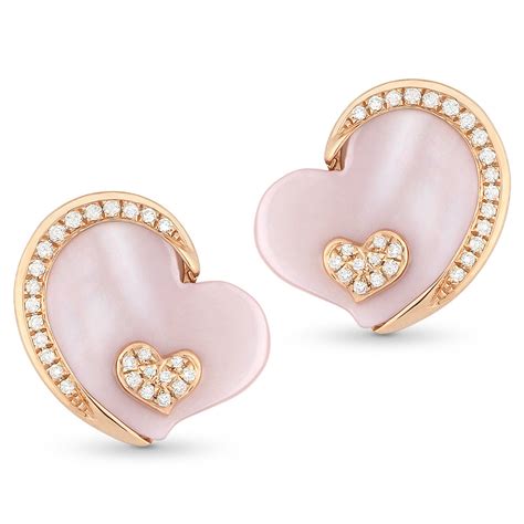 Pink Mother Of Pearl And Round Cut Diamond Stud Heart Earrings In 14k