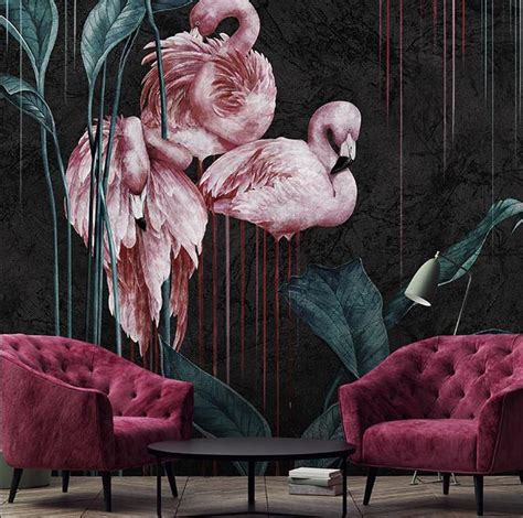 Flamingo Patterned Leafy 3D Wall Mural | Unique wallpaper, Wall ...