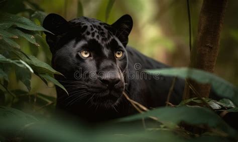 Majestic Black Panther Stealthily Stalking Its Prey Through The Dense