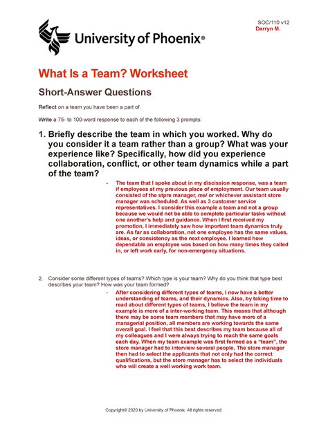 SOC WEEK 1 WORKSHEER SOC 110 V Darryn M What Is A Team Worksheet