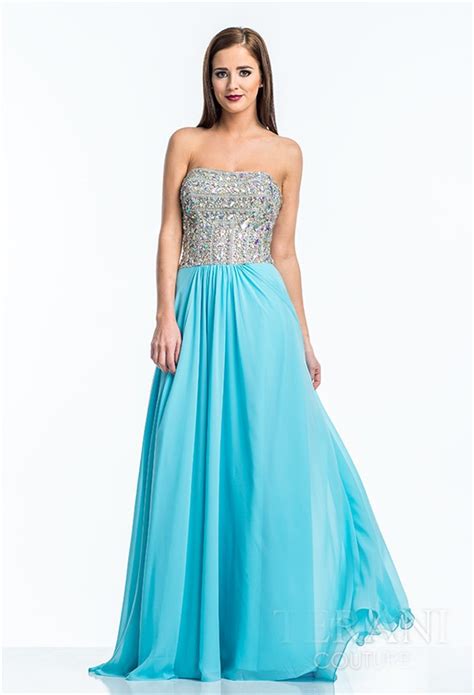 A Line Strapless Long Turquoise Chiffon Sequin Beaded Prom Dress