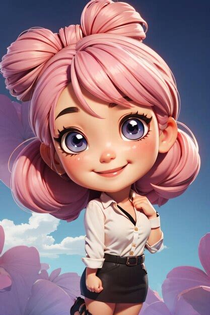 3D Chibi Una Chica De Dibujos Animados Con Cabello Rosa Y Una Camisa