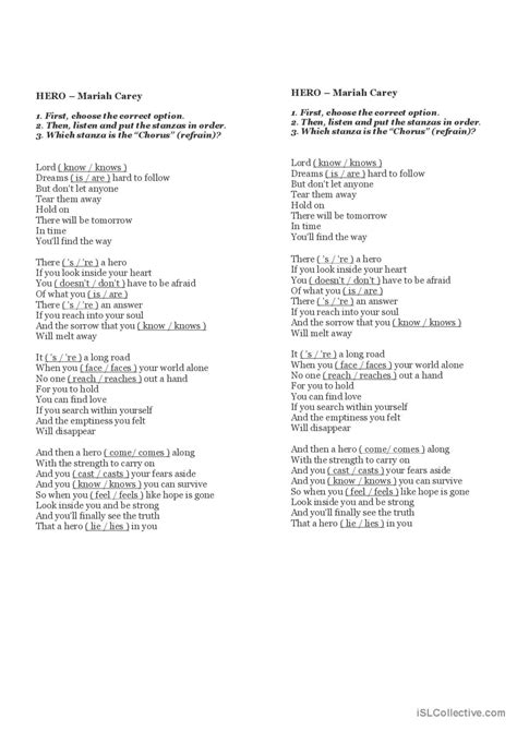 Song Hero Mariah Carey Song And Nu English ESL Worksheets Pdf Doc