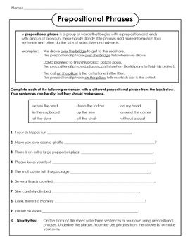 No Prep Preposition Worksheets Prepositions And Prepositional Phrases