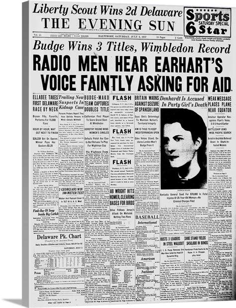 Front Page Of Newspaper Reporting On Amelia Earhart Disappearance Wall ...