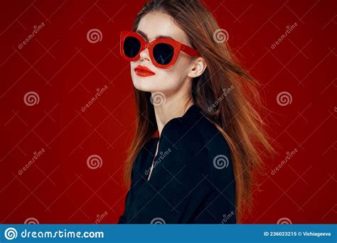 Glamorous Woman Wearing Sunglasses Red Lips Posing Close Up Stock Image Image Of Love Black