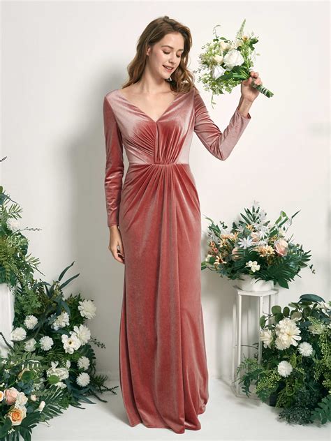 Burgundy Velvet Bridesmaid Dress Mermaid Maxi Long Sleeve V-Neck | Carlyna