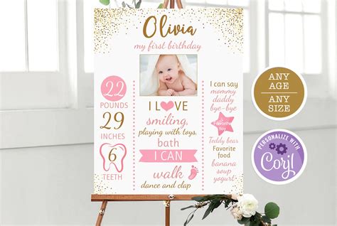 First Birthday Poster Pink And Gold Confetti Board Floral Etsy