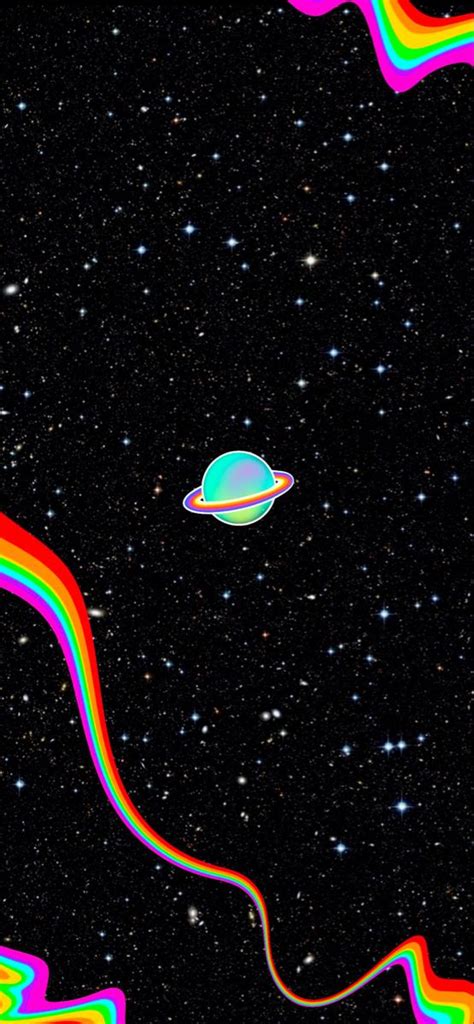 Space Wallpaper with Saturn and Rainbow Lines